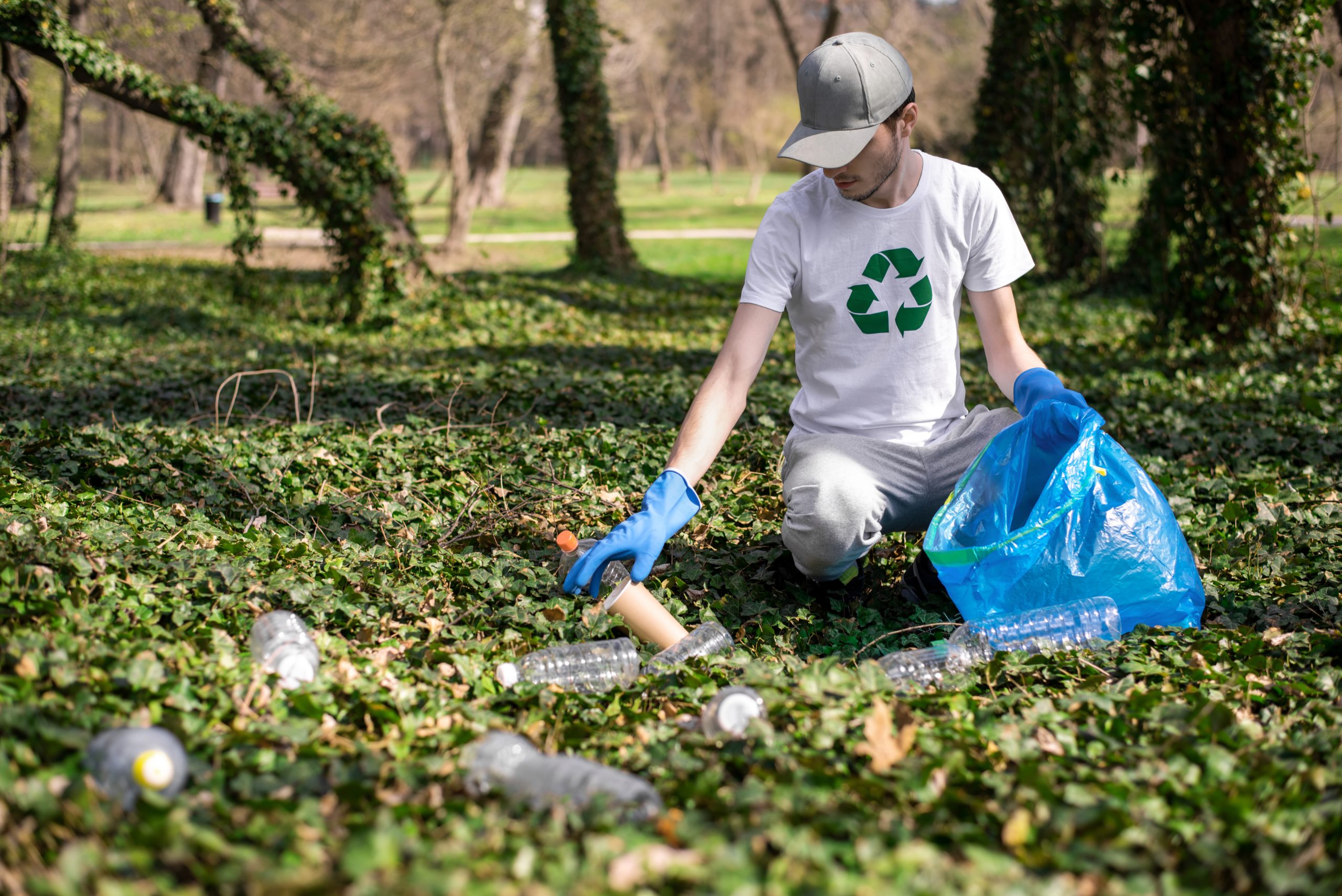 man collecting plastic garbage polluted park scaled
